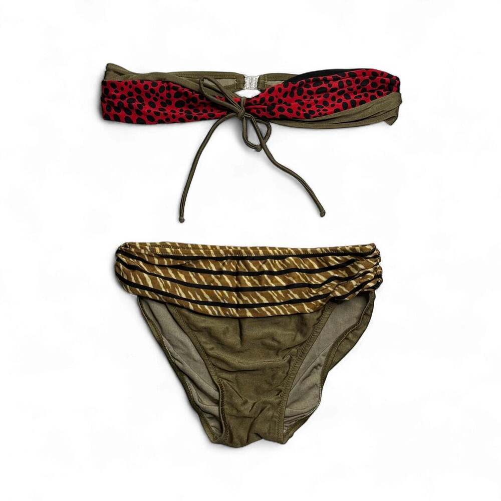 Y2K 2000s 2 piece bikini set red leopard print top and olive Size large (10)
